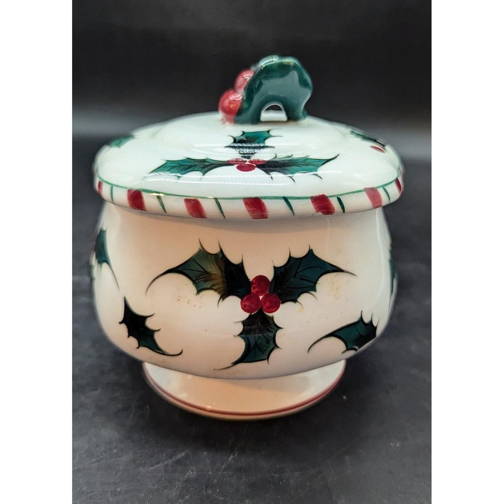LEFTON'S Hand Decorated Footed Candy Covered Dish Bowl Made in Japan Holly White